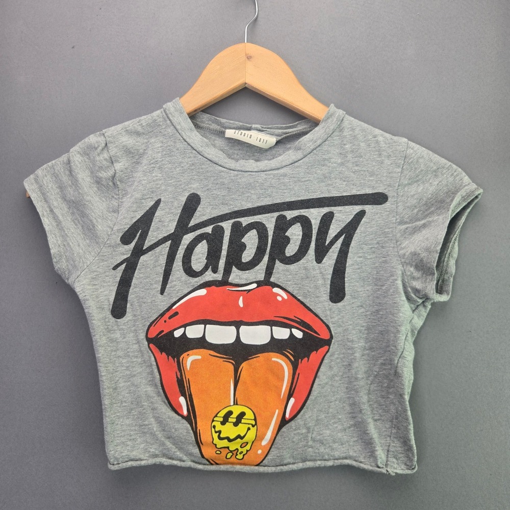 Studio 1011 Graphic Crop Top T-Shirt Gray Happy Lips Tongue Small S Streetwear